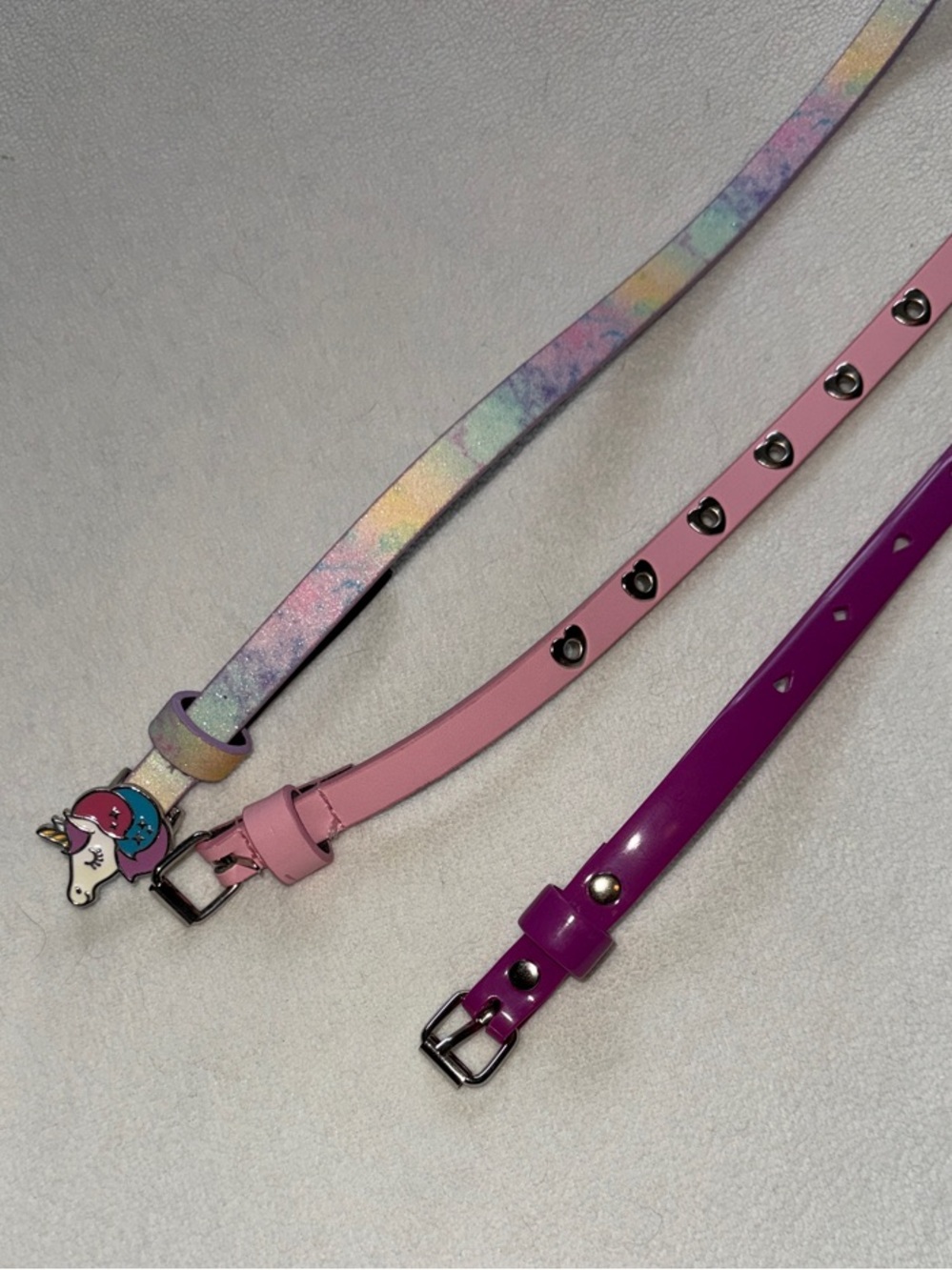 Set of 3 Girls' Unicorn and Studded Belts - Pastel Rainbow, Light Pink, Magenta